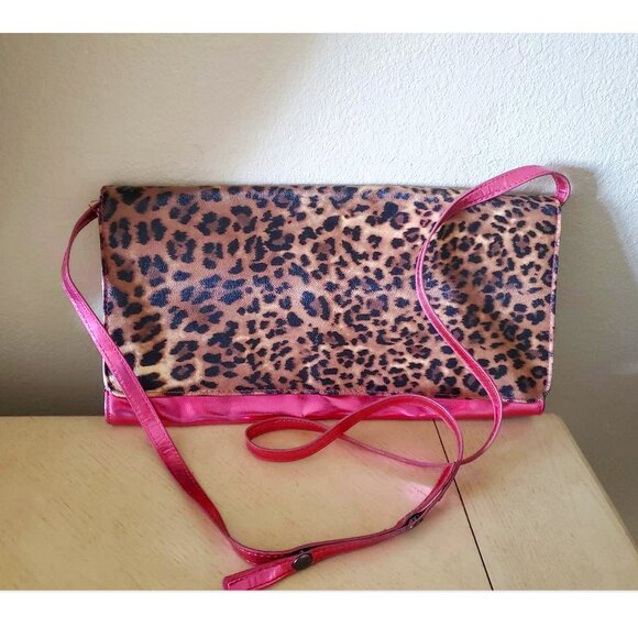 Nicki Minaj Leopard Purse Clutch Womens Handbag Pink Foldover Strap Crossbody - Picture 1 of 7